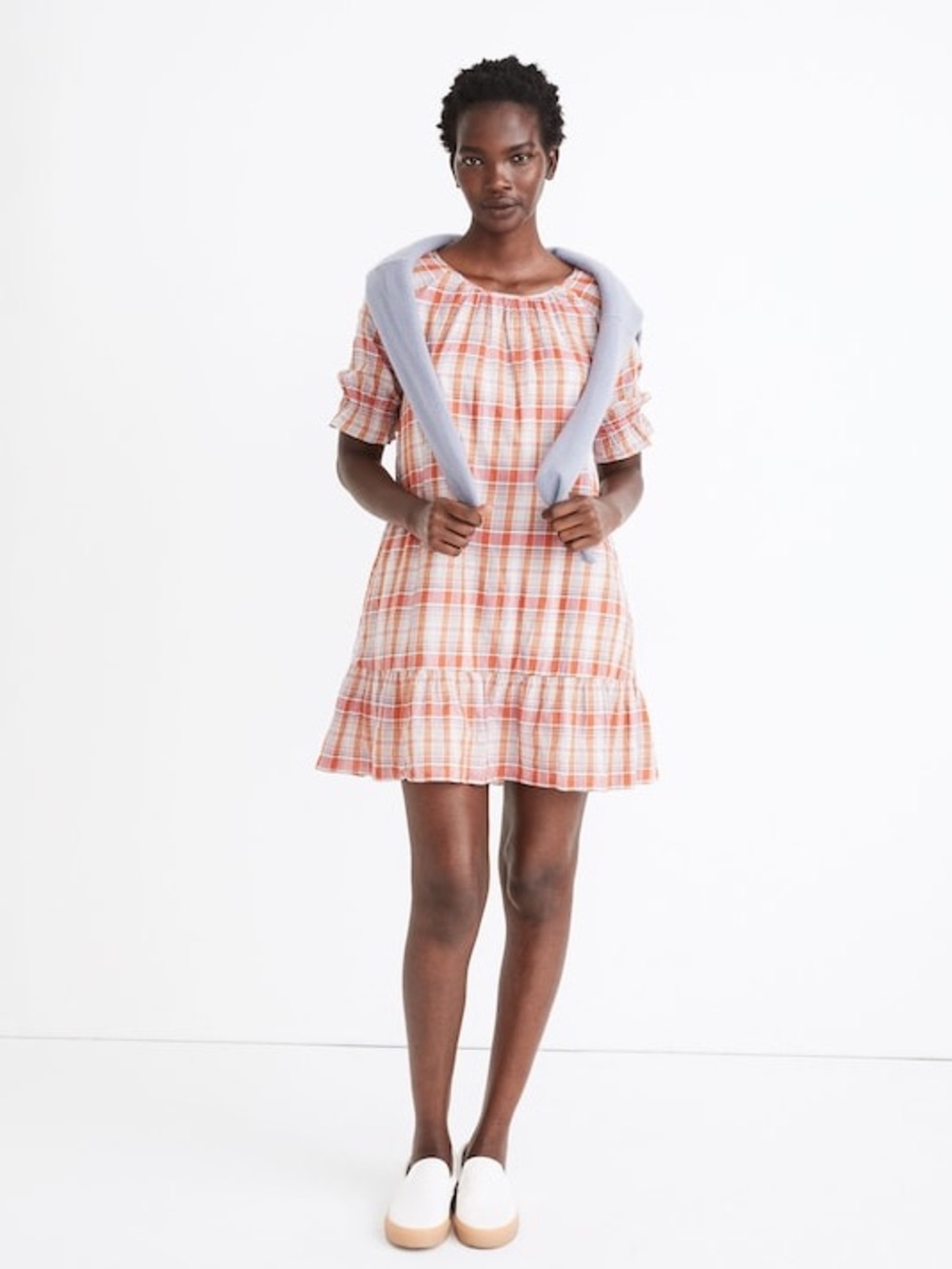 NWT Madewell Plaid Ruffle-Sleeve Popover Mini Dress - Small - Cottagecore